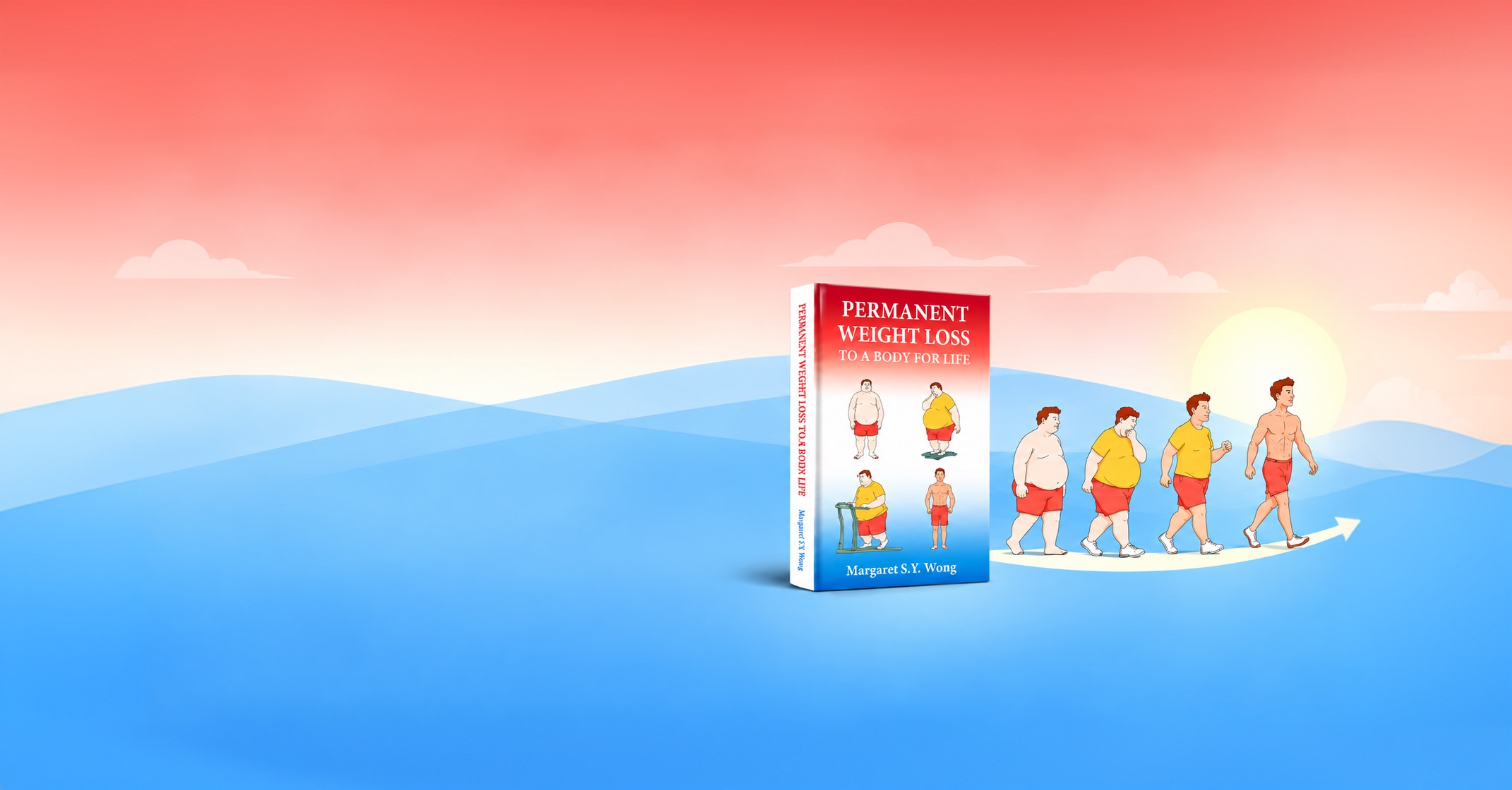 Sunrise over water with the book and figures walking